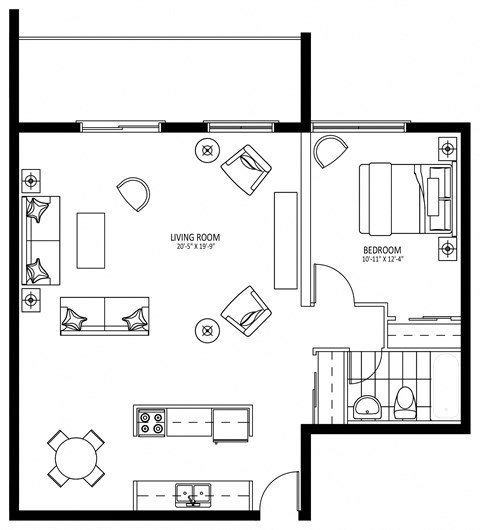 Floor plan for 1 bed, 1 bath, 636 sqft
